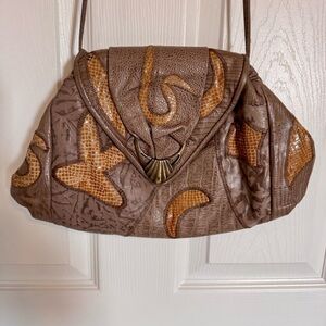 Vintage Brown Leather Purse Handbag Clutch Patchwork